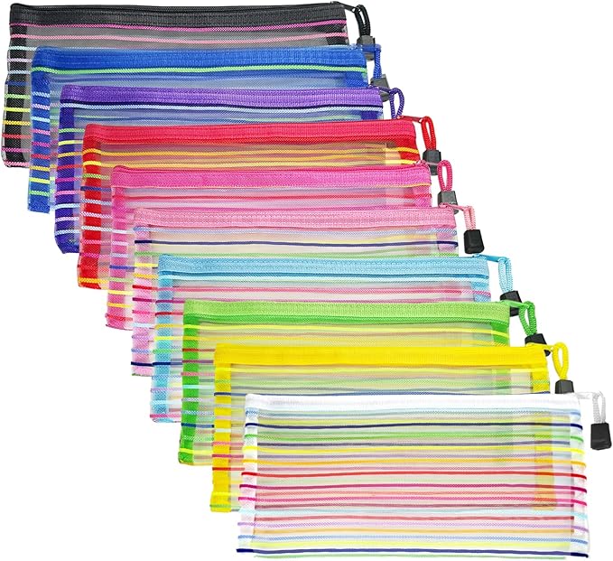 CarryEpic Mesh Bags with Zipper (10 Pack), Small Nylon Makeup Bag Cosmetic Pouches Travel Organizer for Purse Diaper Bag Home Organizing Striped Mix 10 Colors
