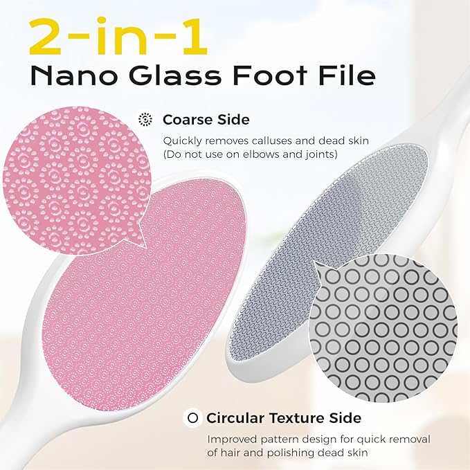 Foot File, Nano Glass Foot File Callus Remover with Handle, 2-in-1 Foot Scrubber Dead Skin Remover, Gentle Exfoliation Foot Buffer Pedicure Tools for Feet-Pink