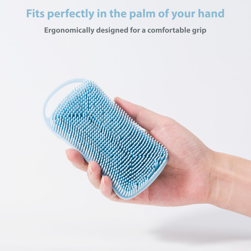 MtBoi 2 PC Silicone Body Scrubber, 2 in 1 Exfoliating Shower Bath Scrubber, Soft Silicone Loofah for Sensitive Skin, Shower Hair Scalp Massager, Easy to Clean, Lather Well (Blue&Black)