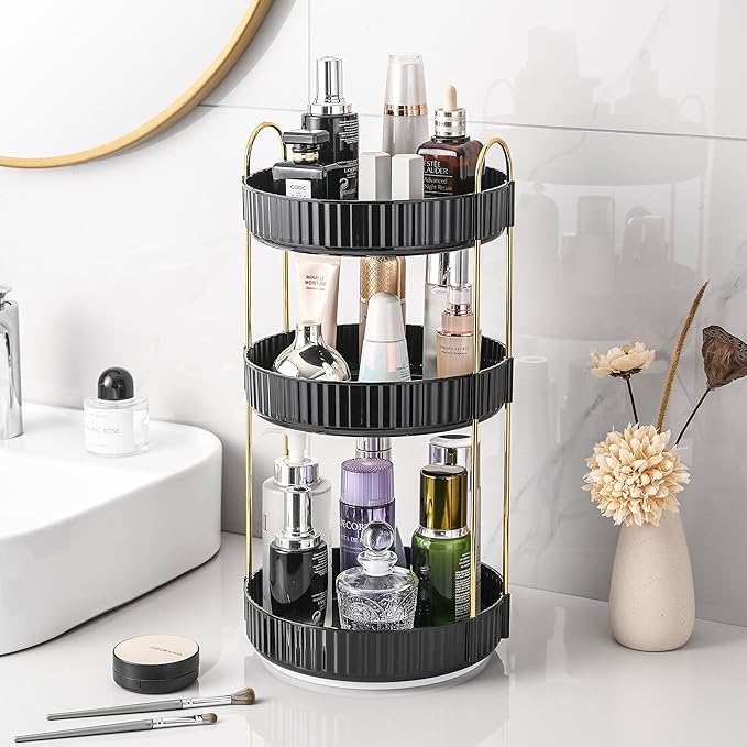 Aveniee 360° Rotating Makeup Organizer for Vanity, Upagraded Perfume Skincare Bathroom Counter Organizers with Brush Divider, 3 Tier Spinning Lipstick Cosmetic Lotion Storage