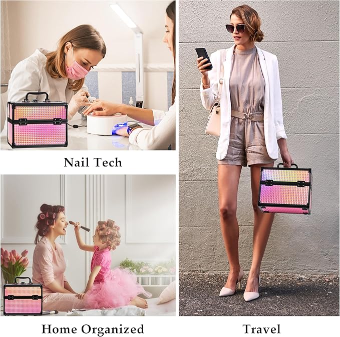 GALHUBIS Makeup Case Organizer,Makeup Train Case, Trays Cosmetic Box Portable, Profesional for Salon Barber,Black Bright Pink