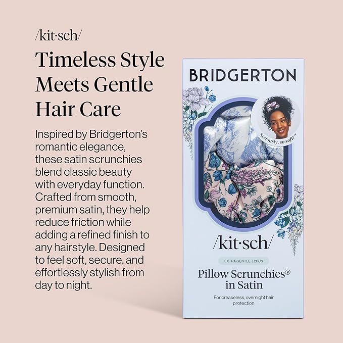 Bridgerton x Kitsch Satin Scrunchies for Women, No Snag, No Tugging, Soft & Comfortable Scrunchies for Girls, Perfect for Day or Night - Toile De Blue, 2pcs