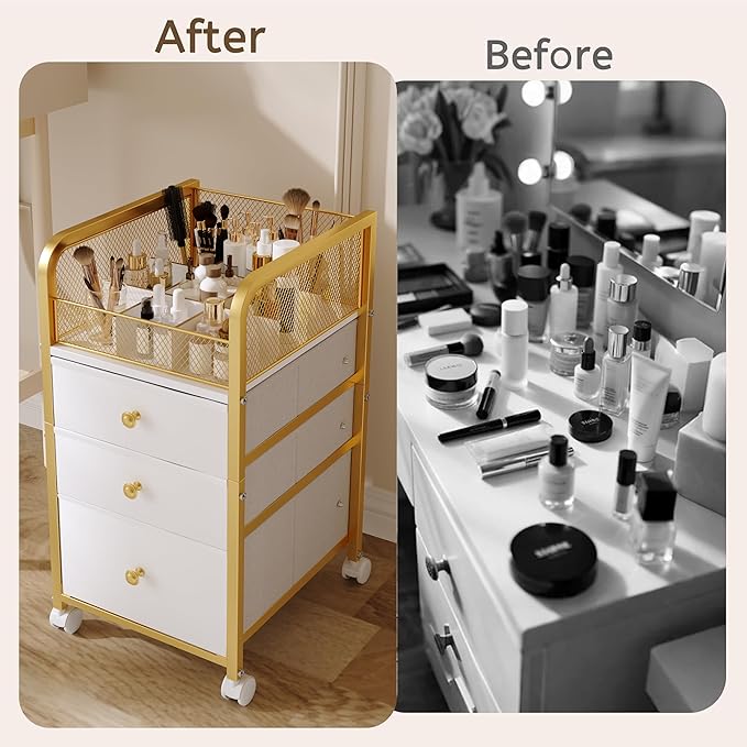 ZQUYAJ Rolling Makeup Organizer Cart with 3 Drawers Under Desk Storage