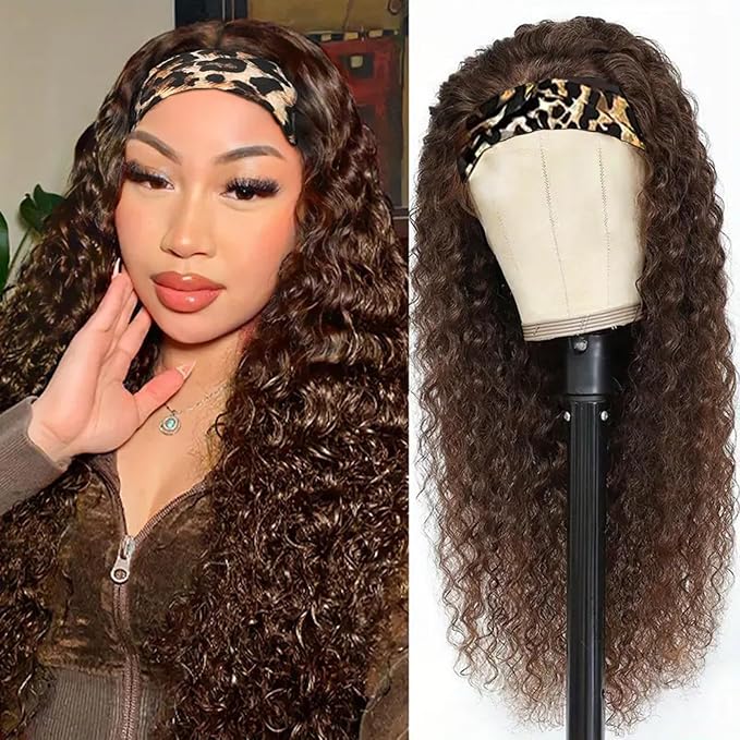 Aiterina Headband Wig Human Hair Headband Wig Deep Wave Human Hair Wigs for Black Women Glueless Human Hair Wigs Machine Made 150% Density No Lace Deep Headband Wig Chocolate Brown 26 inch