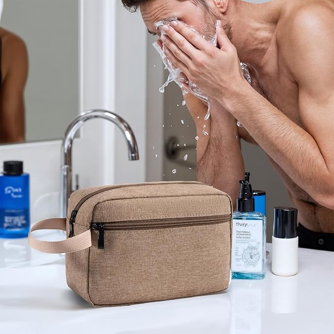 XIRYOHEAUR Travel Hanging Toiletry Bag with Carry Handle - Water-Resistant Small Cosmetic Organizer for Men & Women, Makeup, Shaving Kit, Gym & Travel Essentials (Camel)