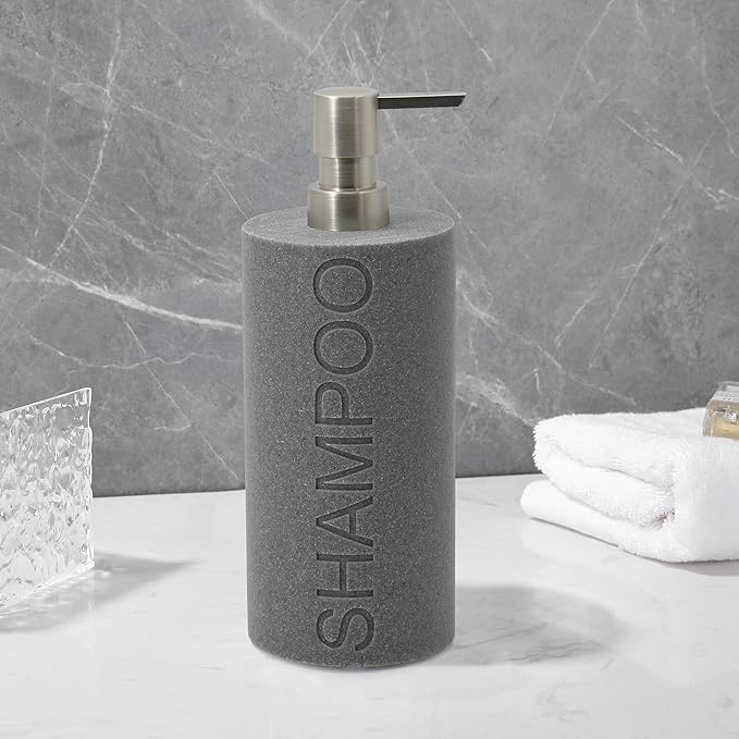 Indecor Home Resin Neutral Gray Sandstone Shampoo Engraved Bottle Refillable Pump Dispenser, Durable Waterproof Resin Construction for Bath, Shower - Gray Sandstone Satin Nickel Pump