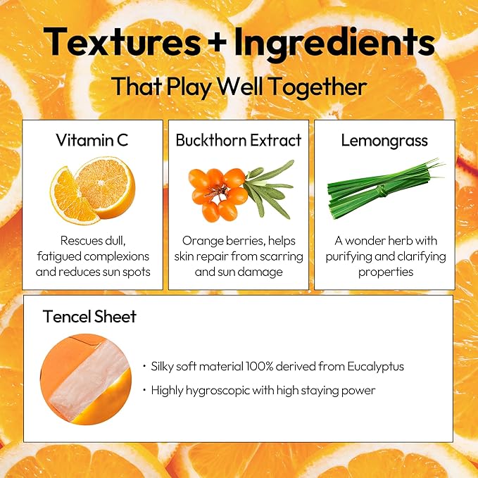 LAPCOS K Beauty Vita C Sheet Mask - Rejuvenating & Revitalizing Face Masks with Vitamin C for Dull, Tired Skin - Highly Breathable Eucalyptus-derived Tencel Sheet - Korean Skin Care (Pack of 5)