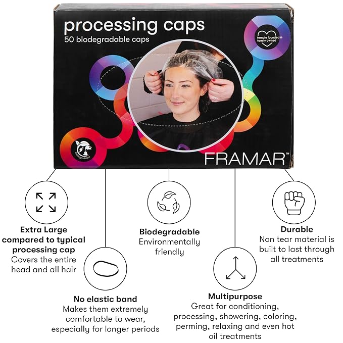 FRAMAR XL Processing Caps - Disposable Shower Caps For Women, Hair Coloring Cap, No-Mess Color Processing, No More Tight Elastic Headaches, Extra Large Coverage For Thick, Long Hair – 50 Count