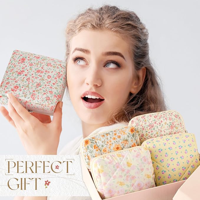 Paterr 4 Pcs Mini Quilted Floral Makeup Bag Yellow Flower Cosmetic Bag for Women Girls Small Quilted Pouch with Zipper Cute Cotton Travel Toiletry Bags for Back to School Teacher Students Gifts