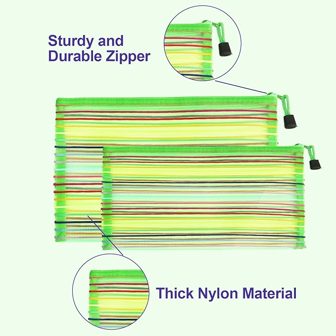 CarryEpic Mesh Bags with Zipper (6 Pack), Nylon Makeup Bag Cosmetic Pouches Travel Organizer Case for Purse Diaper Bag Home Organizing Striped Multi Size Green