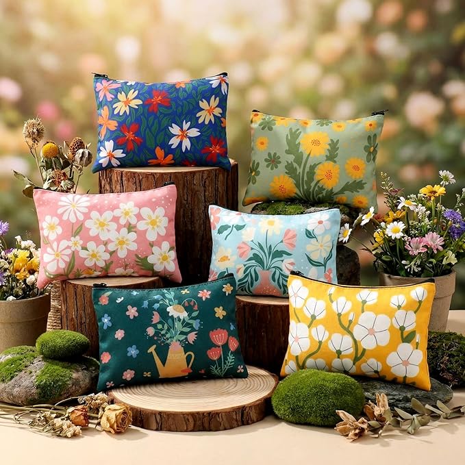 Sweetude 12 Pcs Colorful Flower Makeup Bags Bulk Portable Travel Cosmetic Bags with Zipper Watercolor Floral Waterproof Roomy Travel Toiletry Organizer Storage Pouch for Women Gifts