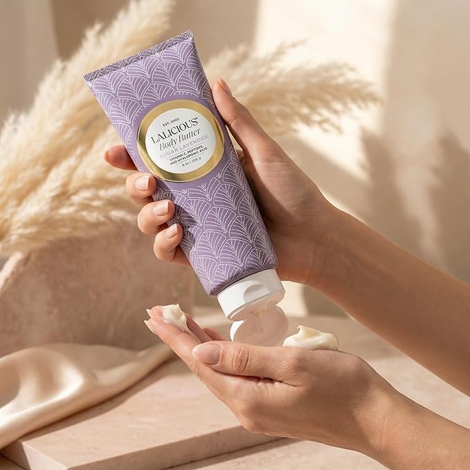 LALICIOUS Sugar Lavender Whipped Body Butter 8oz | Ultra-Hydrating Shea Butter Body Cream with Hyaluronic Acid, Vitamin C & Peptides | Deep Moisturizing Lotion for Dry Skin | Calming Lavender Scent