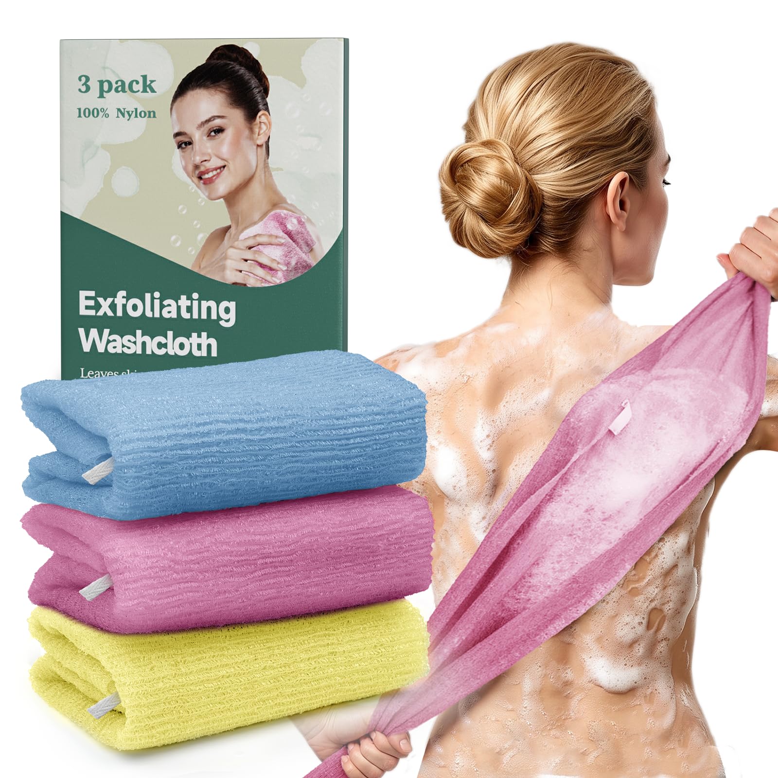 Bathway Exfoliating Washcloth Body Scrubber, 36.81-Inch Quick-Dry Exfoliating Towel, Japanese Loofah Back Scrubber Towel for Women Men (Blue & Rose Red & Yellow, Pack of 3)
