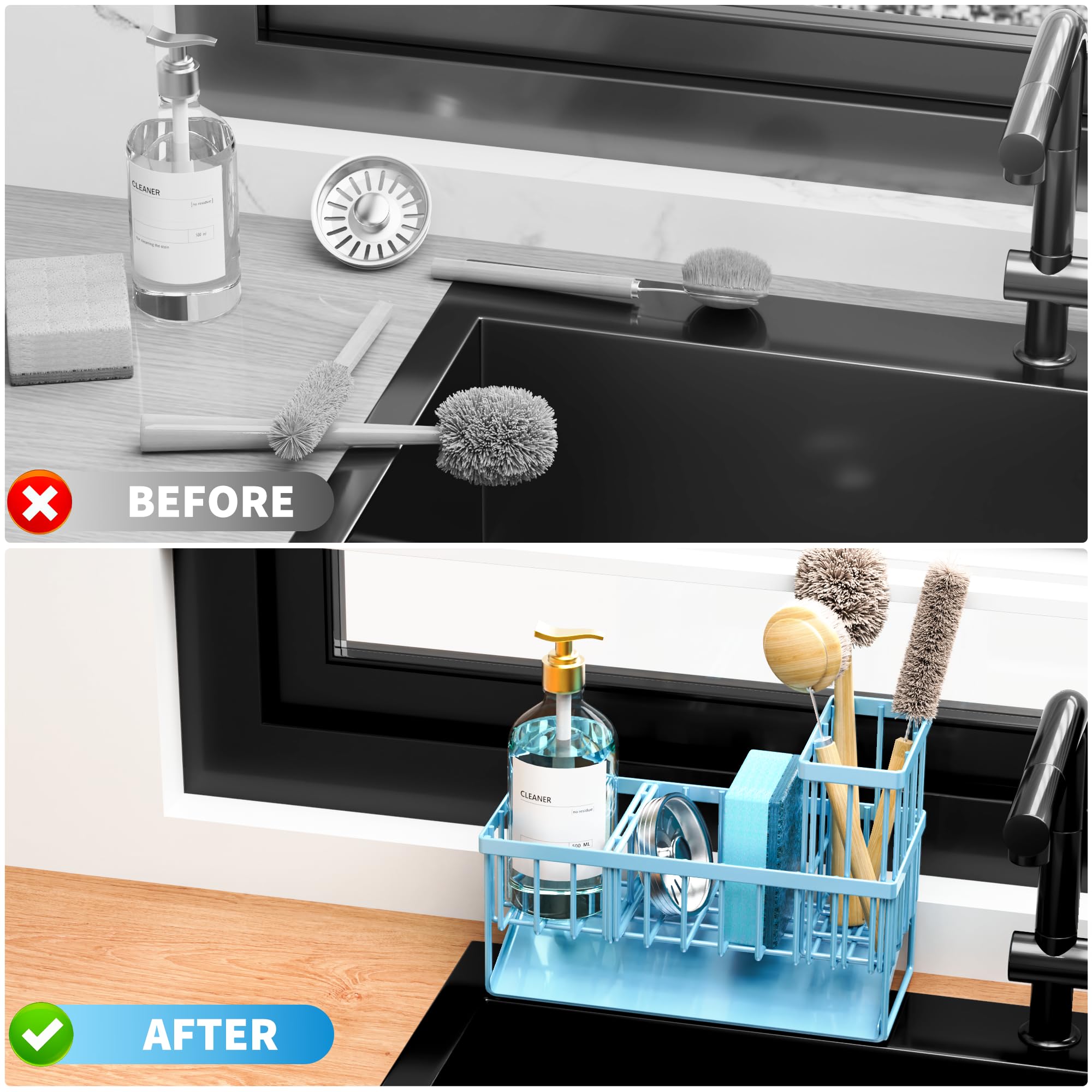 Cisily Blue Kitchen Sink Caddy Organzier with High Brush Holder, Sponge Holder for Sink, 304 Rustproof Stainless, Kitchen Countertop Soap Dispenser Organizer, Blue Home Decor and Accessories