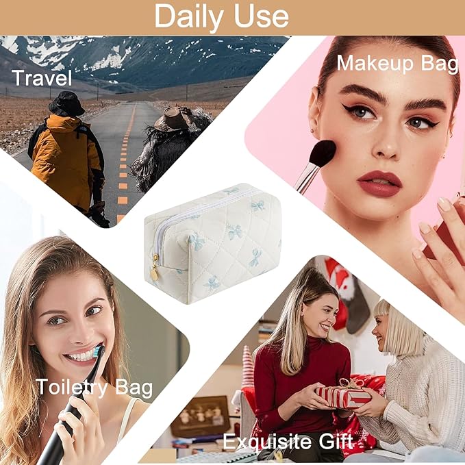 HHQQWZ Makeup Bag Travel Cosmetic Bag for Women Girls, Zipper Make Up Pouch, Floral Flowers Toiletry Organizer Makeup, Portable Storage Bag, Cosmetic Travel Cloth Bag (Blue Bow Tie)