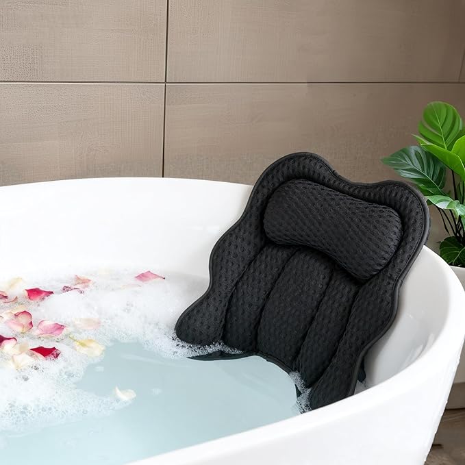 Joeyset Bath Pillow for Tub, 4D Air Mesh Breathable Fabric, Soft Supportive Bathtub Cushion for Head Neck Back, Ergonomic Spa Pillow with Strong Suction Cups, Quick-Drying, Machine Washable (Black)