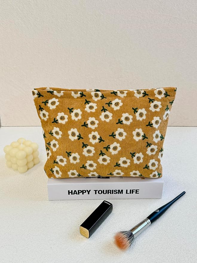 RIKMOXR 2 makeup bags Women's floral lamp core velvet canvas makeup bag, travel makeup bag, wallet storage, khaki and cute beige