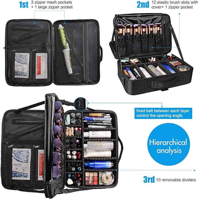 Relavel Makeup Case Large Makeup Bag Professional Train Case 16.5 inches Travel Cosmetic Organizer Brush Holder Waterproof Makeup Artist Storage Box, 3 Layer Large Capacity, with Adjustable Strap