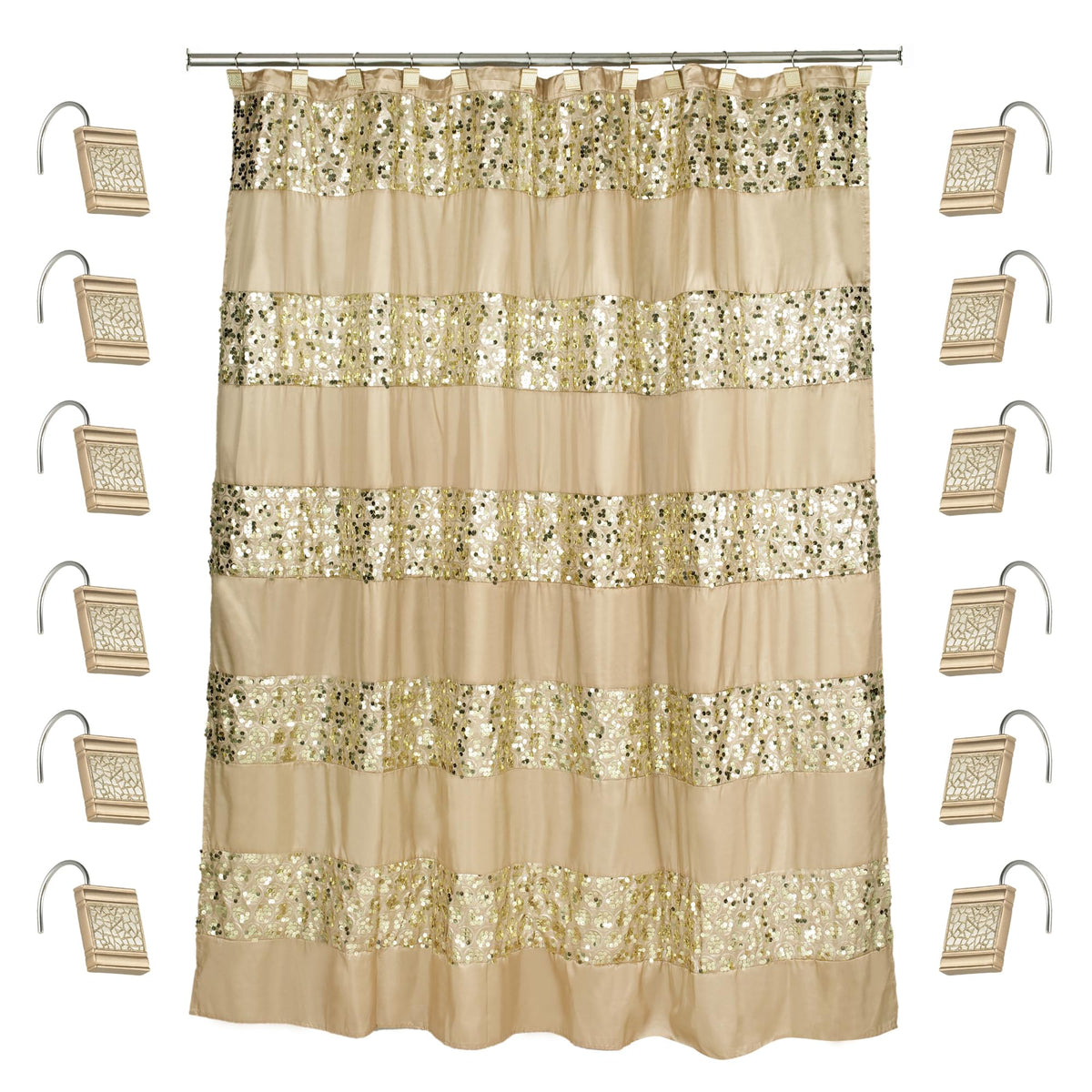 Zahari Home 13pc Rose Vine Bathroom Sheer Shower Curtain Sets Sheer Shower Curtain & 12 Shower Bathroom Hooks Modern Classic Luxury Contemporary Decor Beige Shower Curtain Set