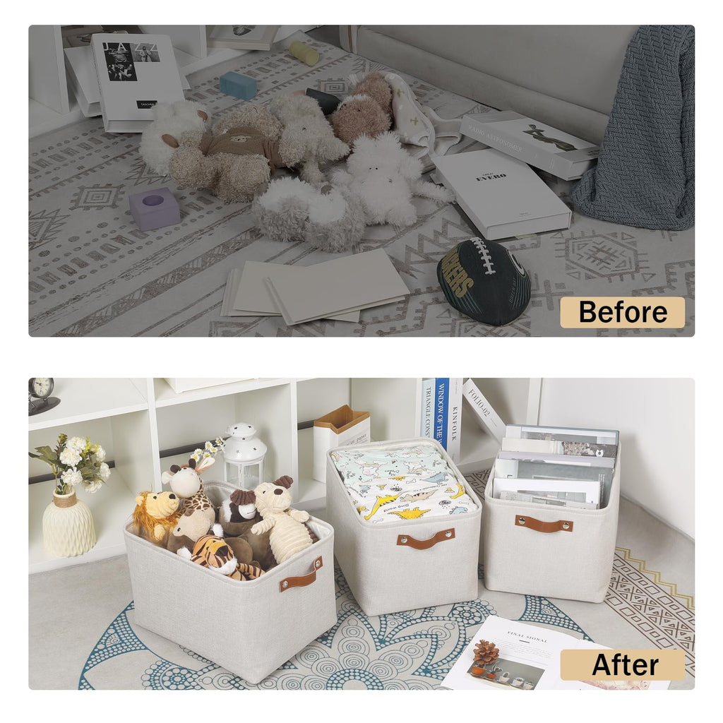 HNZIGE Large Fabric Storage Basket Organizers (3 PCS), Foldable Decorative Shelf Baskets with Leather Handles (Cream, 15" x 11" x 9.5")
