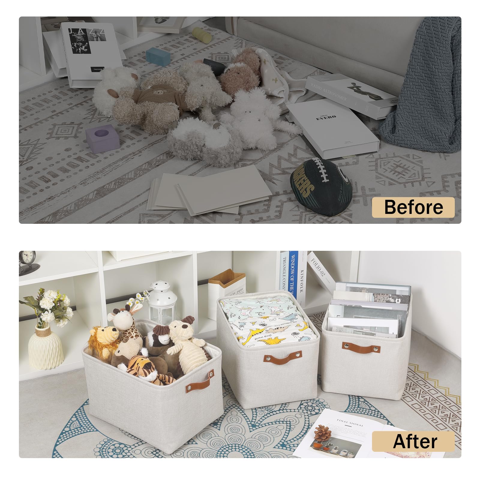 HNZIGE Large Fabric Storage Basket Organizers (3 PCS), Foldable Decorative Shelf Baskets with Leather Handles (Cream, 15" x 11" x 9.5")