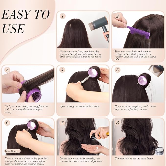 obeoby 4 Sizes Hair Rollers Curlers Set with Clips for Women Girls, Purple