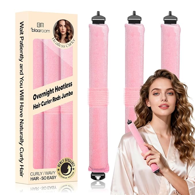 BLAAROOM Overnight Heatless Hair Curler Satin Jumbo Flexi Overnight Curls Blowout Rods 3pcs No-Heat Styling Tools Curling Rod to Sleep in for All Hair Types - Pink