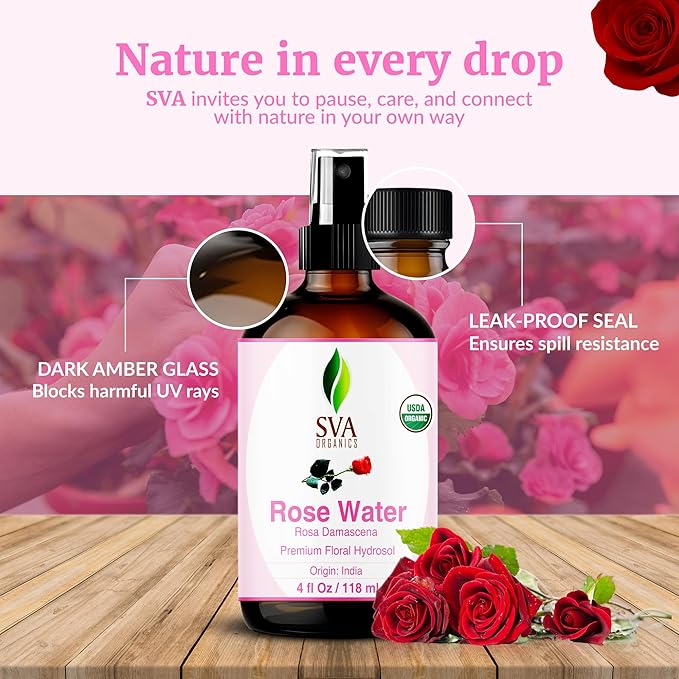 SVA ORGANICS Rose Water, Glass Bottle with Spray, 4 Fl Oz (118 ml)
