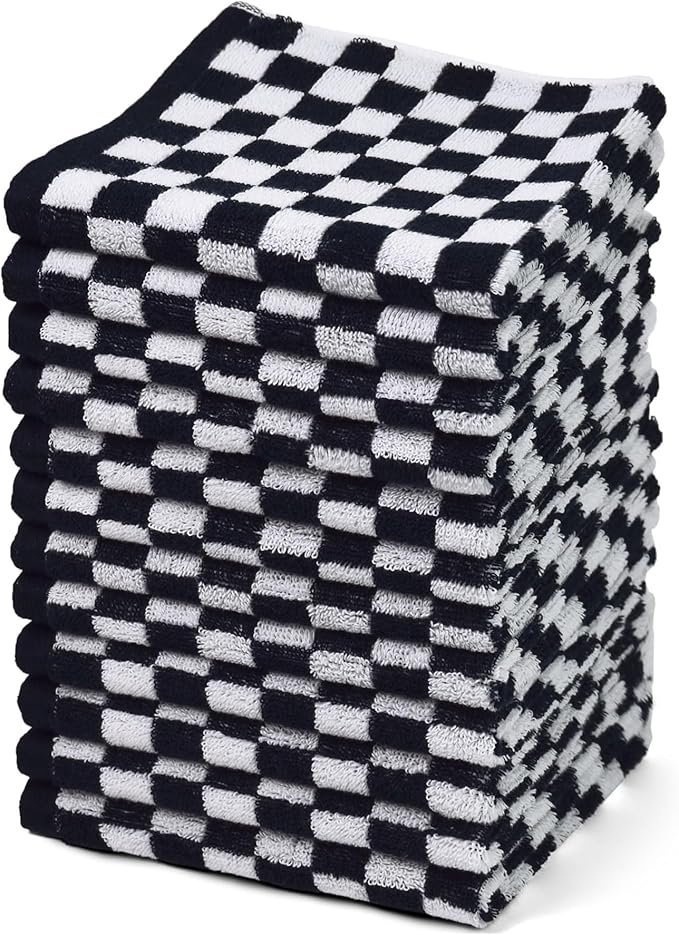 Washcloths 12 Pack Checkered - Wash Cloths for Showering (13"x13") in Black