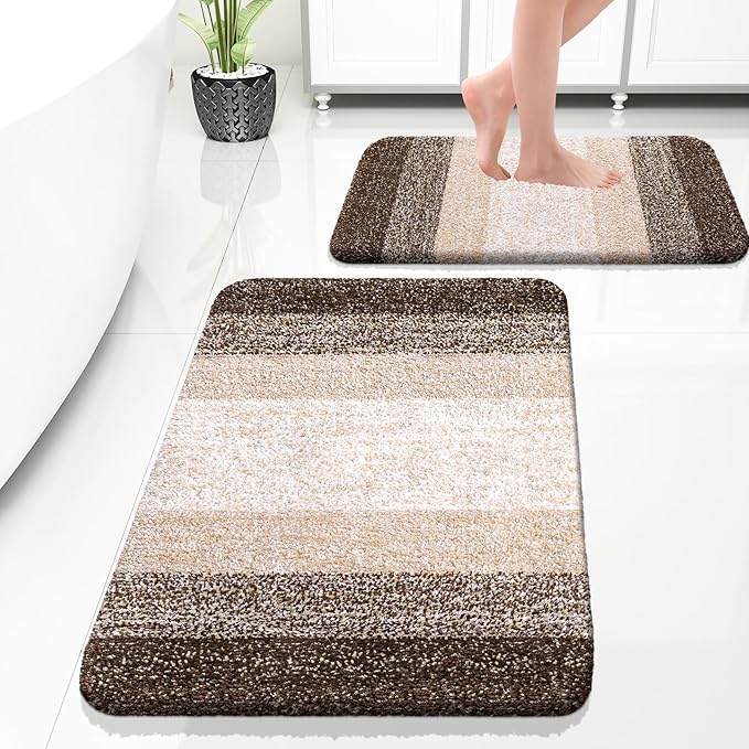 OLANLY Bathroom Rug Set 2 Piece, Soft Absorbent Microfiber Bath Rug Set, Non-Slip, Machine Wash Dry, Plush Shaggy Bath Mats for Bathroom (30"x20"+24"x16", Light Brown)