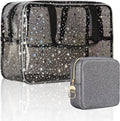 Playexen Clear Makeup Bags, Clear Travel Toiletry Bag with Extra Small Glitter Cosmetic Bag, Waterproof Essential Organizer Pouch for Sports Travel Beach (Stars-Black)