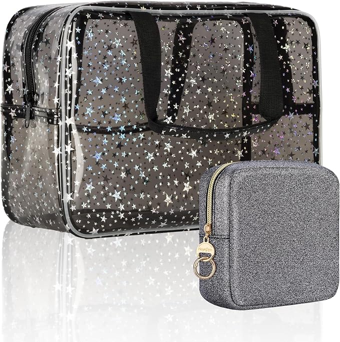Playexen Clear Makeup Bags, Clear Travel Toiletry Bag with Extra Small Glitter Cosmetic Bag, Waterproof Essential Organizer Pouch for Sports Travel Beach (Stars-Black)