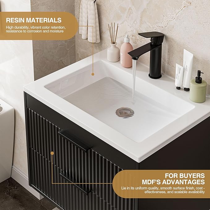 24 Inches Modern MDF Bathroom Vanity with Sink, Wall Mounted Floating Cabinets w/Double Drawers, Black Handles, White Resin Sink Combo Set (Black, 24")