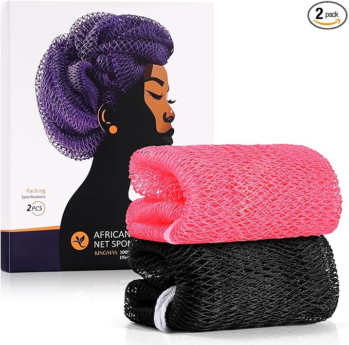 KINGMAS African Net Sponge, Authentic Nylon with Knots, 2 Pieces Exfoliating Body Scrubber Bath Sponge, Back Scrubber Washcloth for Shower, Body Care Bathing (Black & Pink)