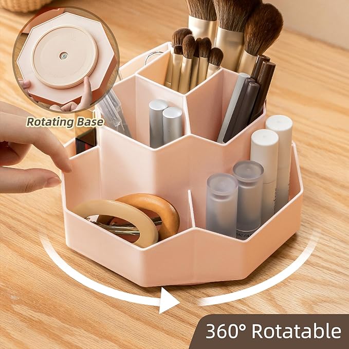 TNDCKP 360° Rotating Pink Makeup Brush Holder Organizer with 9 Slots, Makeup Organizers Countertop, Makeup organization and Skincare Storage for Vanity, Desktop, Bathroom (PINK)