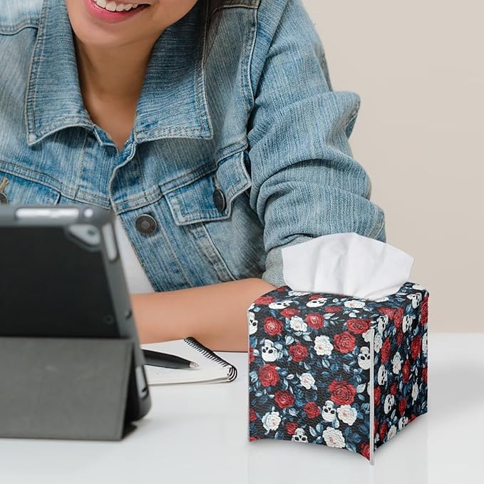 Red Rose Skull Modern Tissue Box Holder, Waterproof Square PU Leather Napkin Case with Metal Button Closure, Decorative Tissue Cover Organizer for Vanity, Desk, Car, and Living Room
