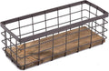 TIEYIPIN Small Metal Wire Storage Basket, Detachable Wood Base Storage Organizer Bin Basket for Kitchen Cabinets, Bathroom, Pantry, Garage, Laundry Room - Brown