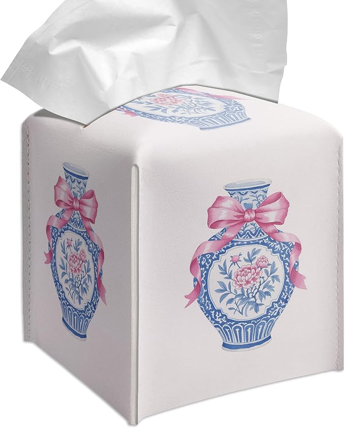 Grace Yonks Cute Tissue Box Cover Square - Blue Floral Vase & Pink Ribbon Design 5.2" PU Leather Holder for Vanity, Desk, or Bathroom Counter - Cube Case for Facial Tissues(005)
