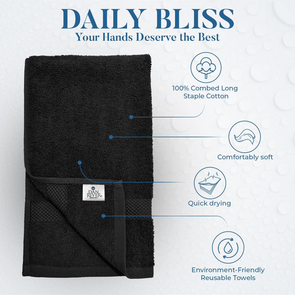 DAN RIVER 6-Pack Premium Hand Towels (16x28 Inches) - 100% Cotton, Ultra Soft, Lightweight, Highly Absorbent Towels for Bathroom, Spa, Gym, Salon, Hotel, and Travel - Black