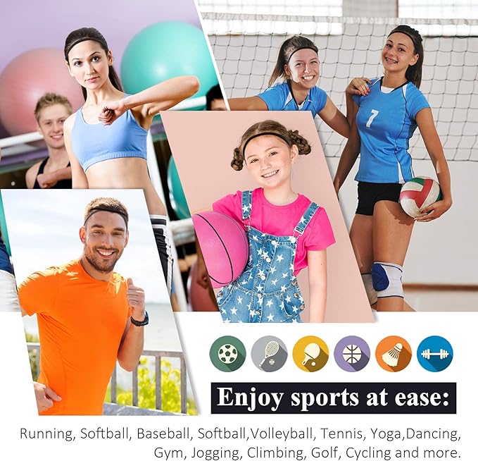 Bememo 4 Pieces Thick Non-Slip Elastic Sport Headbands Hair Headbands for Women and Men (Black)