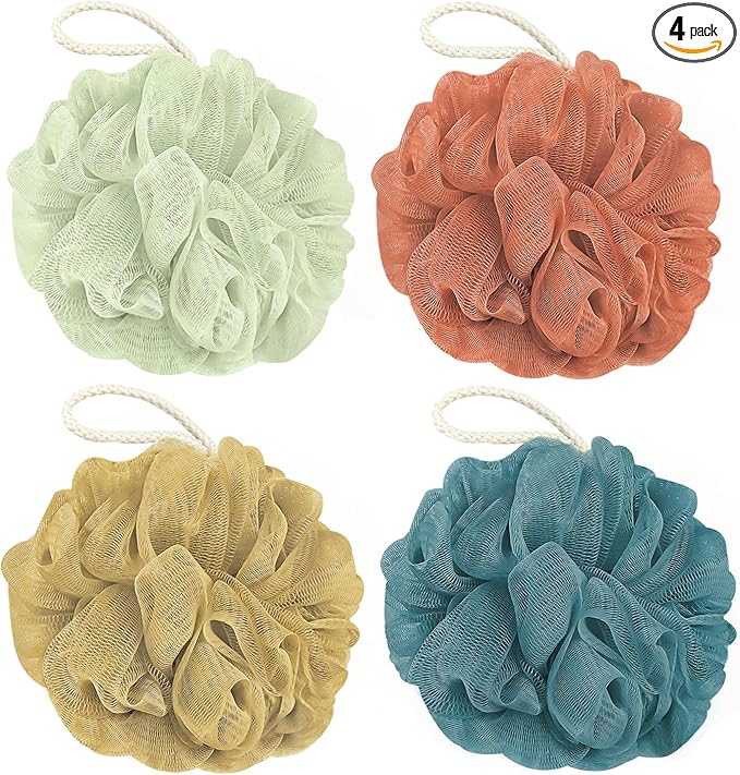 Rnoafmu Shower Loofah Bath Sponge, 60G Loofah Exfoliating Body Scrubber, 4 Color Mesh Shower Pouf Balls for Body Wash (Yellow Red Green Blue)