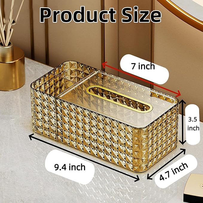 Tissue Box Cover Rectangle,Tissue Holder Napkin Dispenser for Bathroom Bedroom Living Room Office (Gold)