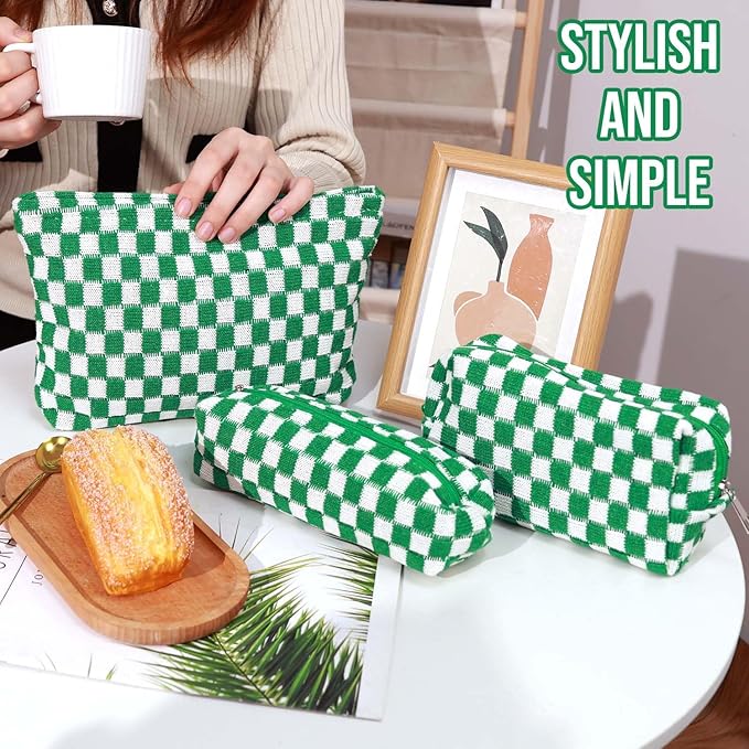 Gocvo 3 Pcs Makeup Bag Cosmetic Bag Set for Girls Women Checkered Travel Organizer Bathroom Toiletry Pouch Large Capacity Storage Bag(Green-White)