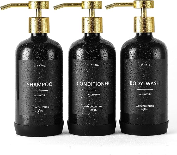 Janxin Shampoo and Conditioner Dispenser Set of 3,Refillable 21oz Shampoo Bottles with Non-Slip Protective Silicone Pad,Shower Soap Dispenser with Waterproof Labels for Bathroom (Black)