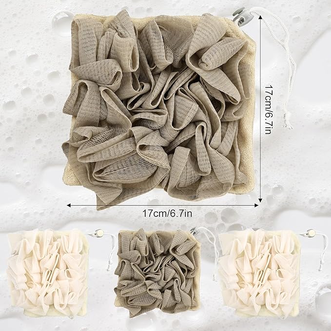 3 Pcs Soap Bar Loofah, 2 in 1 Bar Soap Loofah Pouch Can Hold Soap Effective Exfoliation for Bathing (Beige*2 + Khaki*1)