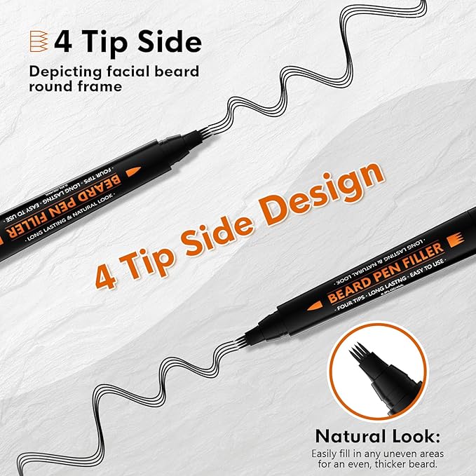 3-Pack Beard Pencil Filler for Men (Black), Four-fork Tip Beard Styling Pen