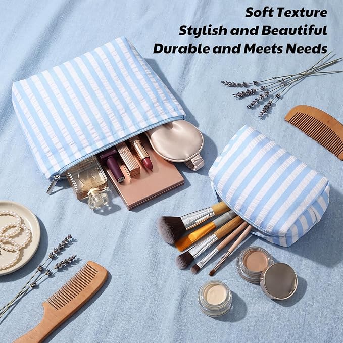 2 Pcs Makeup Bag Set Cute Cosmetic Pouch for Women Seersucker Travel Toiletry Bag Preppy Small Makeup Purse Pouch Aesthetic Skincare Brushes Storage Organizer for Valentine Women(Blue Wide)