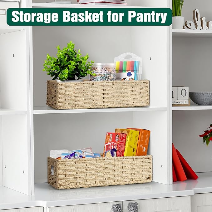 dreamkey Set of 2 Wicker Toilet Paper Storage Baskets, Hand-Woven Paper Rope Bathroom Organizer for Toilet Tank Top & Countertop, Decorative Nesting Baskets with Handles, Beige