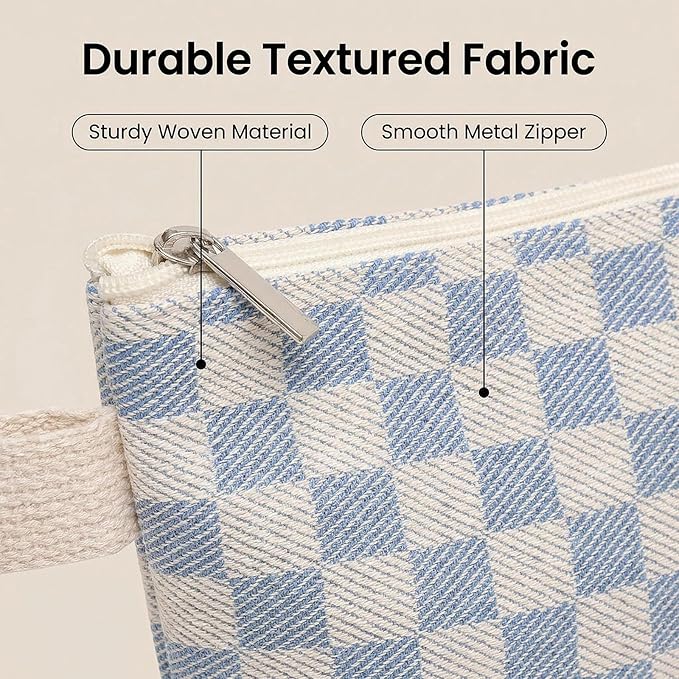 Beayuva 3 Pcs Canvas Makeup Bag Set Checkered Cosmetic Pouch for Women Travel Toiletry Bag Cute Makeup Organizer Purse Pouch Preppy Pencil Case with Zipper (Checkered Blue)