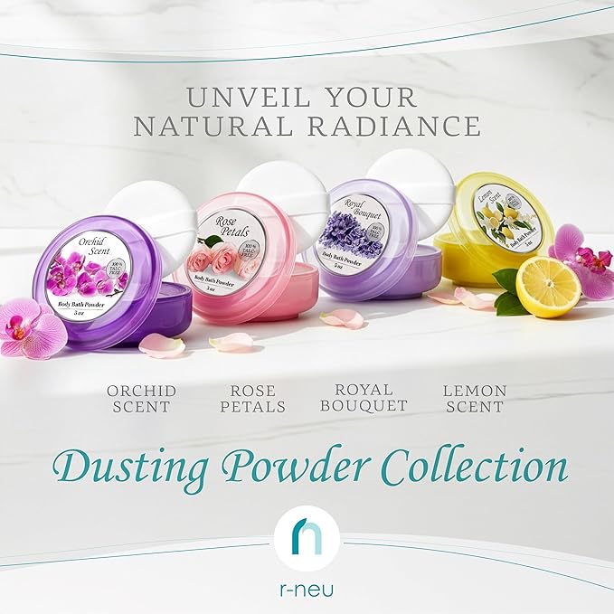 R-NEU 2 Pack Body Powder for Women with Powder Puff, 100% Talc-Free, Elegant Rose Petal & Royal Bouquet Scented Dusting Powder, After Bath for Soft Skin, Extra Large, (2 Pack, 5 Oz Each)